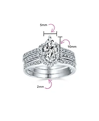 Bling Jewelry 2CT Solitaire Marquise Cubic Zirconia Halo Statement Promise Ring Set With Guard Inset Enhancer Band Sterling Silver