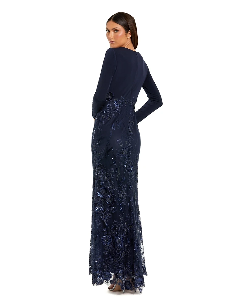 Mac Duggal Embellished Long Sleeve Wrap Over Trumpet Gown