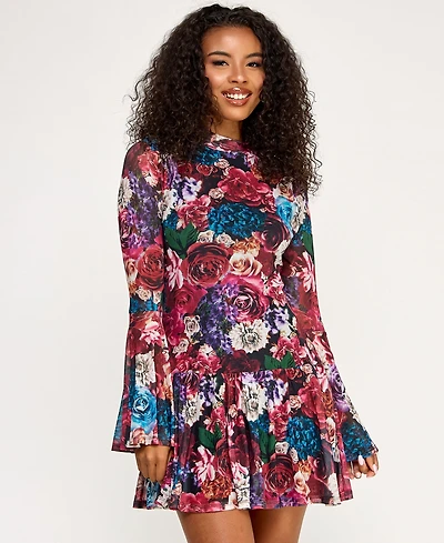 Seni & Cade Juniors' Long Sleeve Printed Mesh Drop Waist Dress
