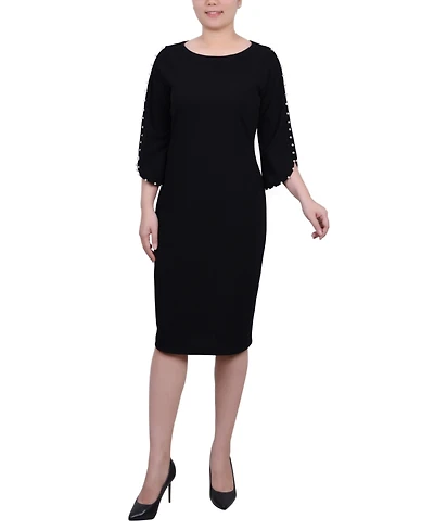 Ny Collection Petite 3/4 Cultivated Pearl-Detail Petal Sleeve Dress