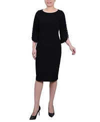 Ny Collection Petite 3/4 Cultivated Pearl-Detail Petal Sleeve Dress