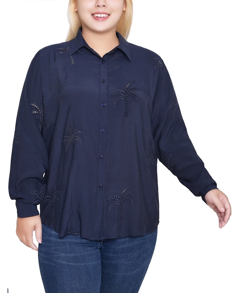 Ny Collection Plus Long Sleeve Palm Tree Blouse Top