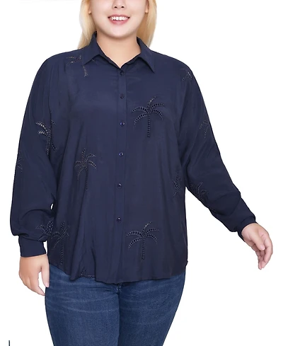 Ny Collection Plus Long Sleeve Palm Tree Blouse Top