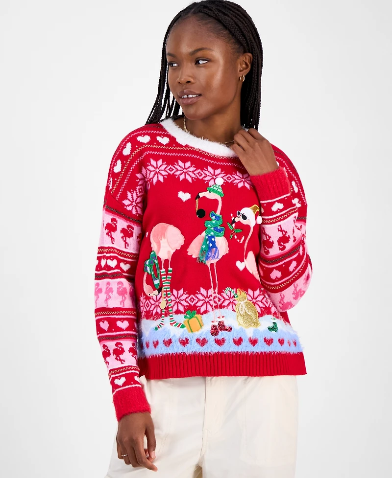 Hooked Up by Iot Juniors' Festive Flamingo Pullover Sweater