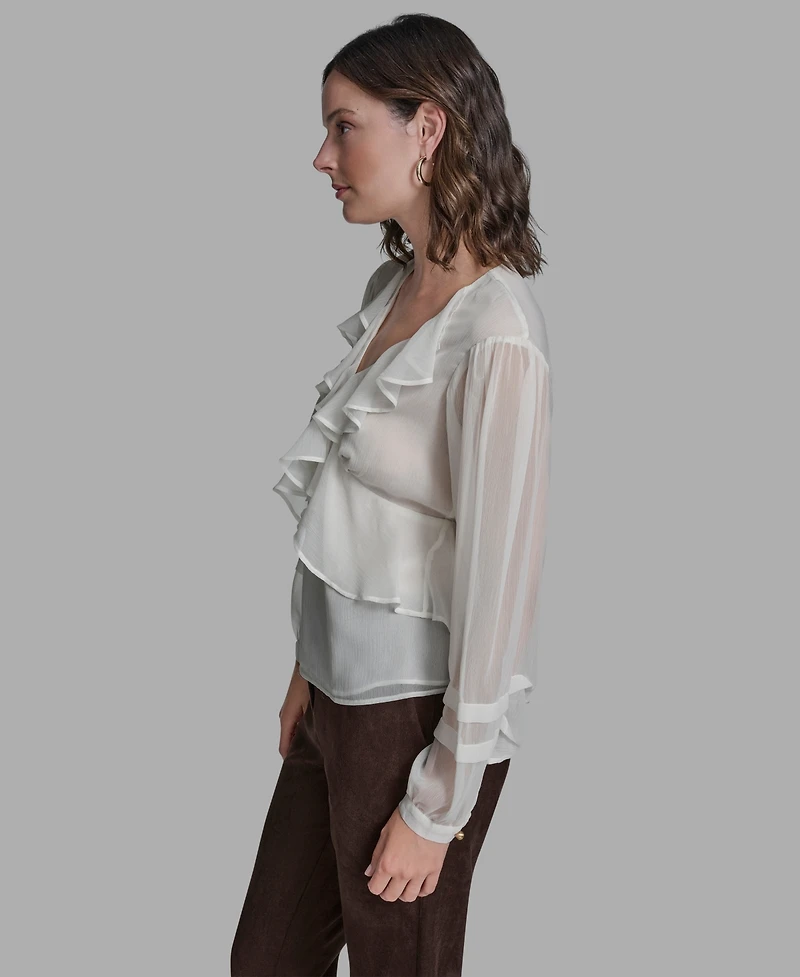 Bcbg Women's Long Sleeve Ruffle V-Neck Blouse