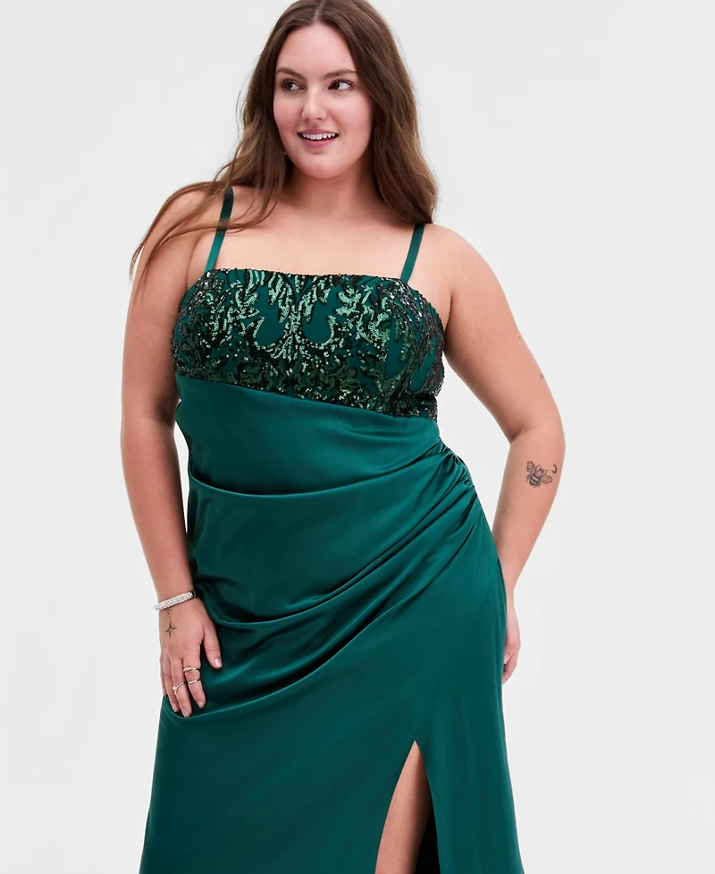 City Studios Trendy Plus Satin Ruched Sequin Gown