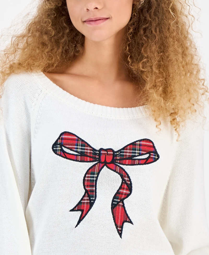 Planet Heart Juniors' Cotton Bow-Applique Boat-Neck Sweater