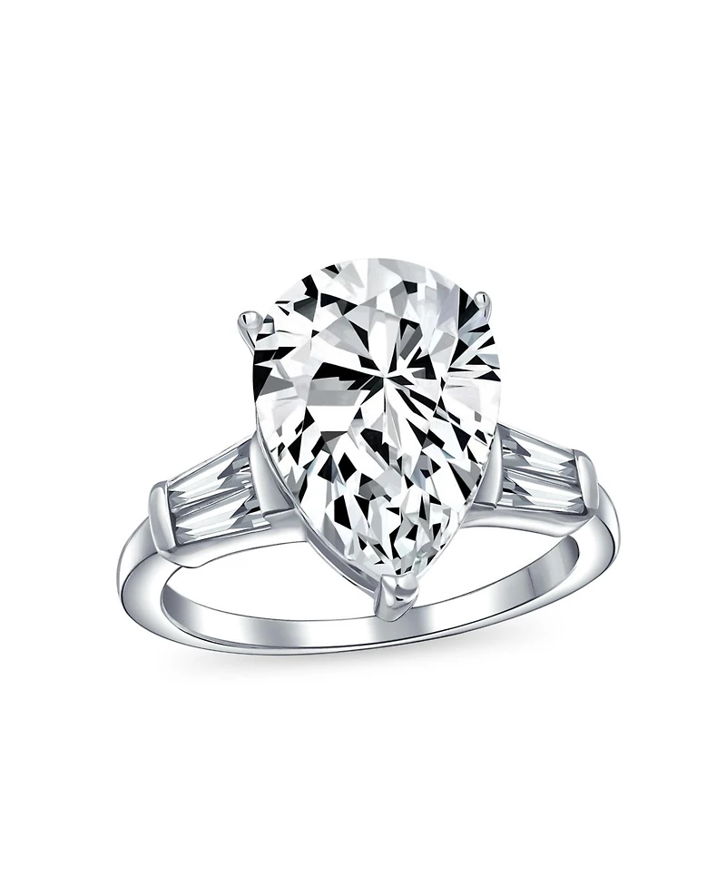 Bling Jewelry 7CT Cz Pear Shaped Solitaire Teardrop Promise Statement Ring Cubic Zirconia Side Baguette Sterling Silver