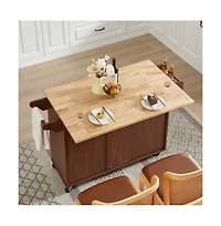 Maison Boucle 53.8" Rolling Kitchen Island with Drop Leaf, Storage Cabinet, 3 Drawers & Wood Top, Mobile Cart on Wheels