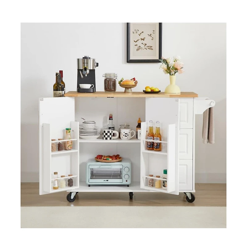 Maison Boucle 53.8" Rolling Kitchen Island with Drop Leaf, Storage Cabinet, 3 Drawers & Wood Top, Mobile Kitchen Cart on Wheels