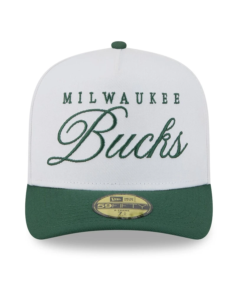 New Era Men's White/Hunter Green Milwaukee Bucks 2025 Nba Draft A-Frame 59FIFTY Fitted Hat