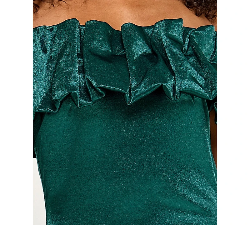 City Studios Juniors' Ruffled-Off-The-Shoulder Bodycon Shimmer Dress