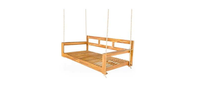 Flynama 81 Inch Acacia Wood Twin Size Porch Swing Daybed with Hemp Ropes