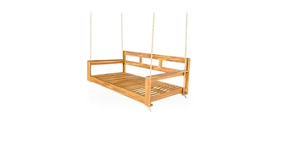 Flynama 81 Inch Acacia Wood Twin Size Porch Swing Daybed with Hemp Ropes