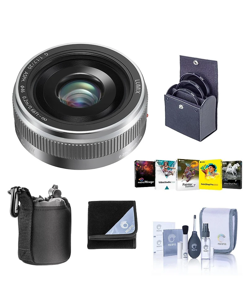 Panasonic Lumix G 20mm f/1.7 Ii Aspherical Lens for Micro Four Thirds, Silver, Bundle with 46mm Filter Kit, Lens Case, Lens Wrap, Cleaning Kit, Softwa