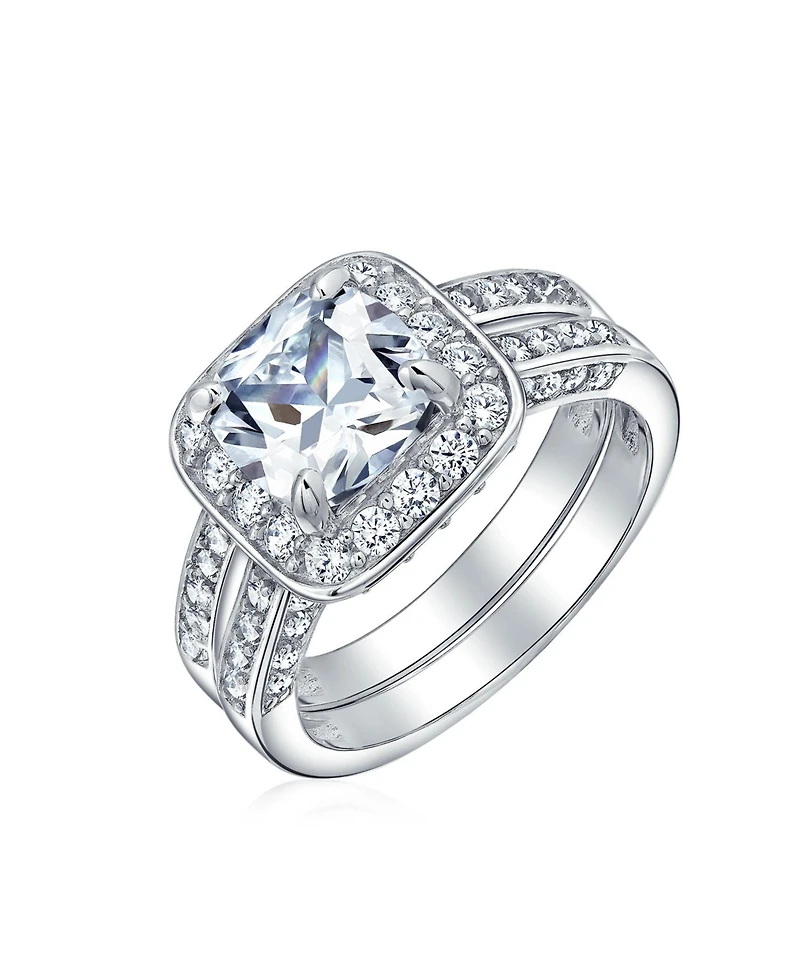 Bling Jewelry 2CT Cushion Cut Cz Promise Ring in Sterling Silver with Three-Sided Double Pave Band