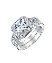 Bling Jewelry 2CT Cushion Cut Cz Promise Ring in Sterling Silver with Three-Sided Double Pave Band