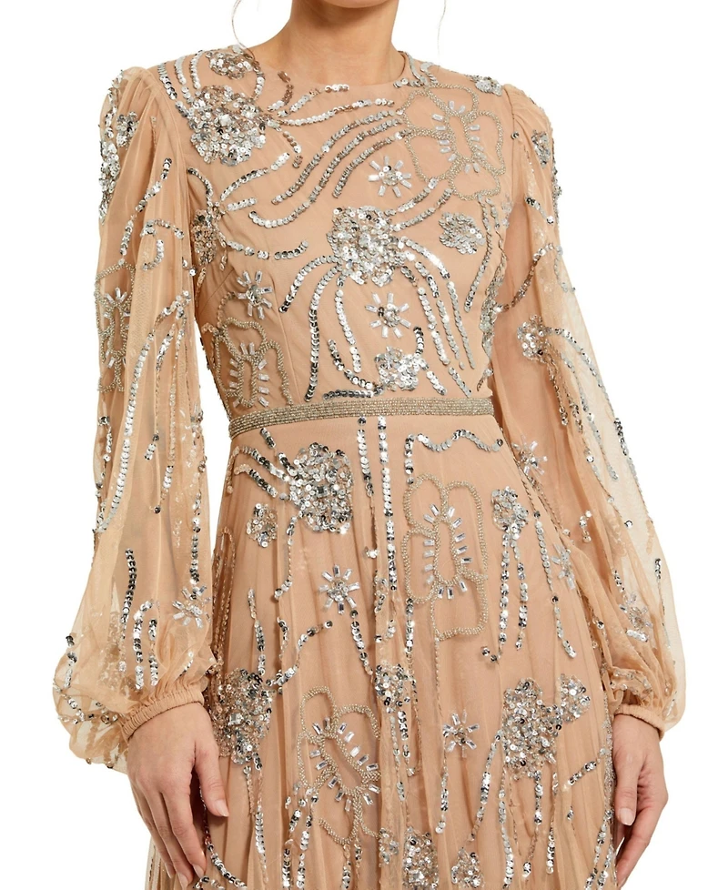 Mac Duggal Women's Embellished High Neck Puff Sleeve Gown