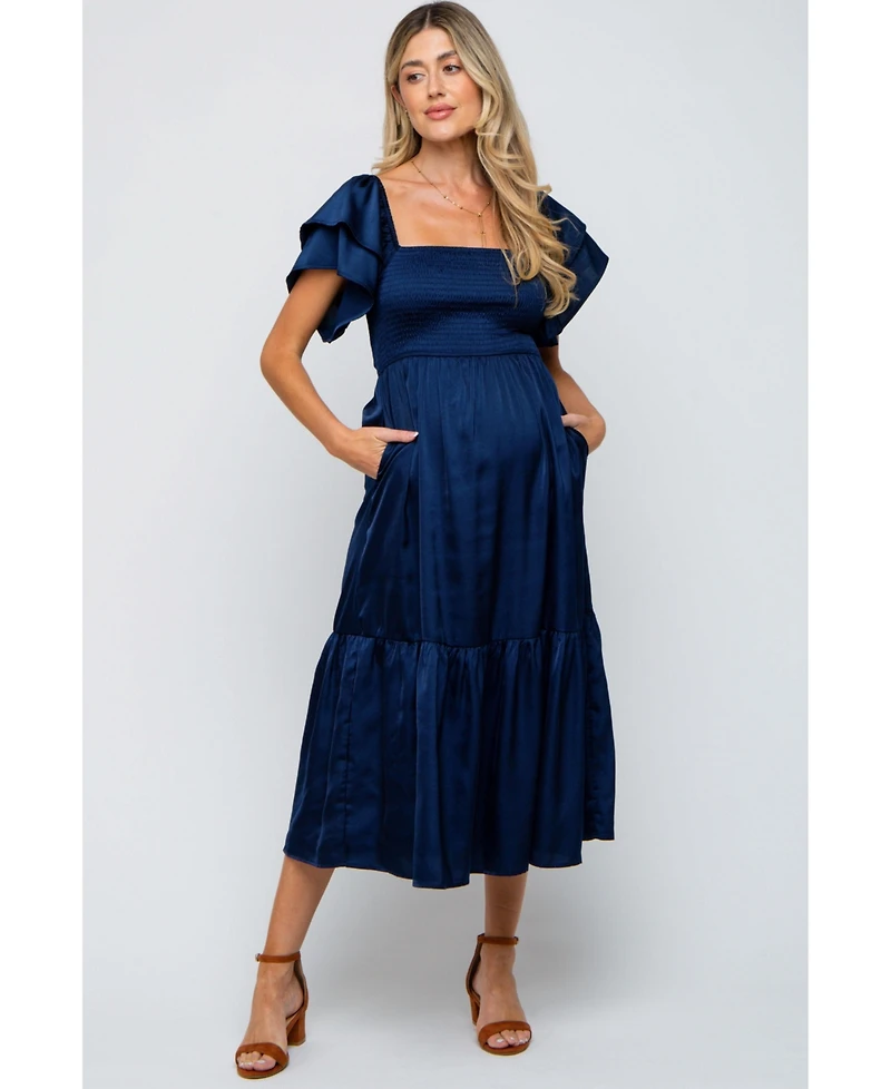 Pinkblush Maternity Navy Satin Flutter Sleeve Midi Dress