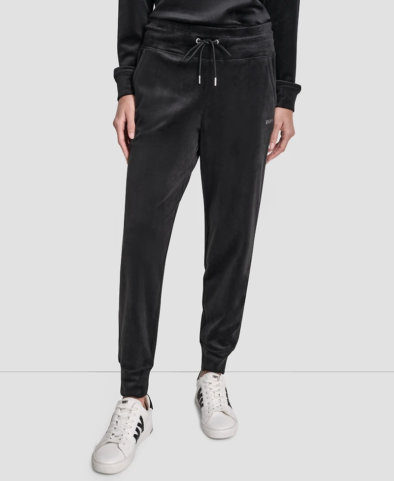 Dkny Women's Platinum Velour Rhinestone Logo Slim Fit Joggers