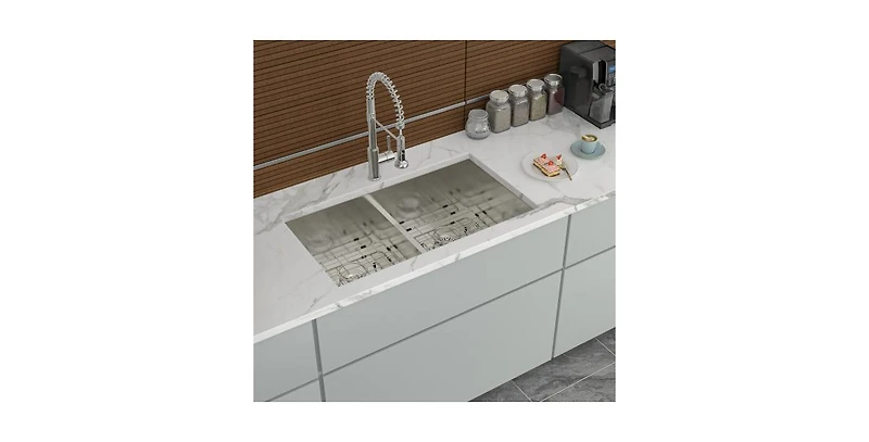 Flynama 33 Inch 16-Gauge Stainless Steel Double Bowl Undermount Kitchen Sink with Soundproofing