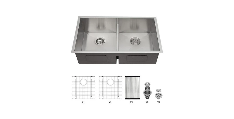 Flynama 33 Inch 16-Gauge Stainless Steel Double Bowl Undermount Kitchen Sink with Soundproofing
