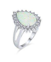 Bling Jewelry Created White Opal 10CT Halo Pear Shape Cocktail Statement Ring with Cathedral Setting Sterling Silver