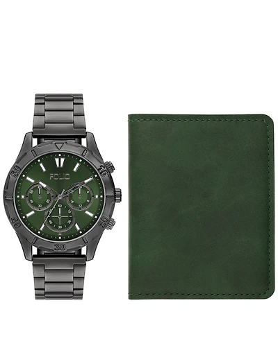 Folio Men's Quartz Three-Hand Black Alloy Watch Set, 44mm