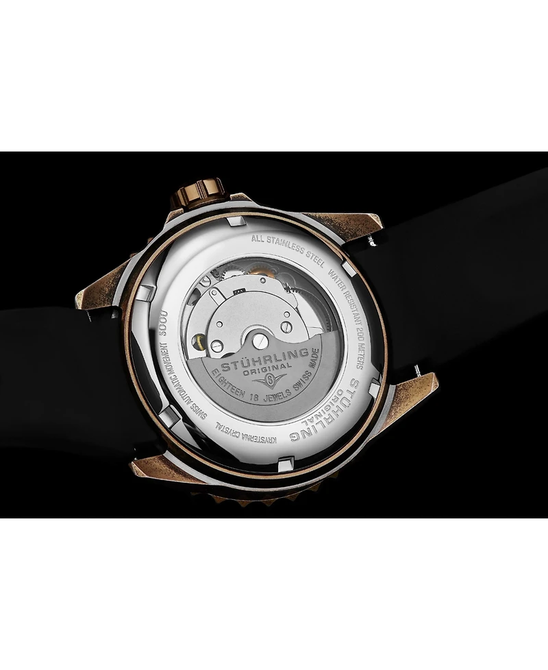 Stuhrling Men s Depthmaster Heritage 1003 44mm Swiss Automatic Diver Watch, Copper-Tone Bezel, Exhibition Caseback, Silicone Strap