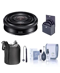 Sony E 20mm f/2.8 Lens for Sony E, Black, Bundle with 49mm Filter Kit, Lens Case, Cleaning Kit, Lens Cap Tether