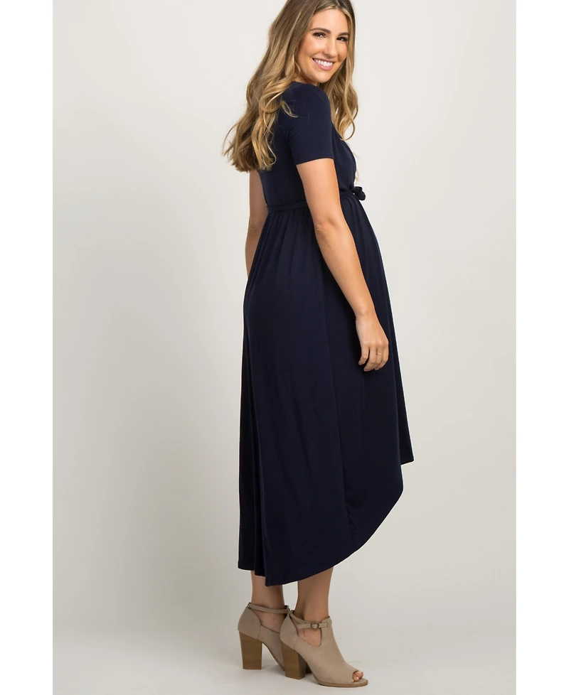 PinkBlush Navy Blue Solid Hi-Low Maternity Wrap Dress