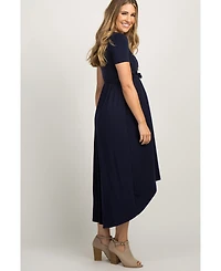 PinkBlush Navy Blue Solid Hi-Low Maternity Wrap Dress