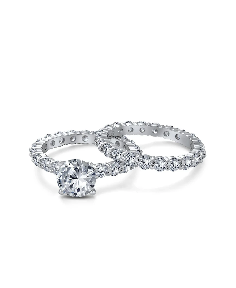 Bling Jewelry Sterling Silver 3CT Round Cz Solitaire & Cubic Zirconia Pave Eternity Band Ring Set – 6-Prong Design