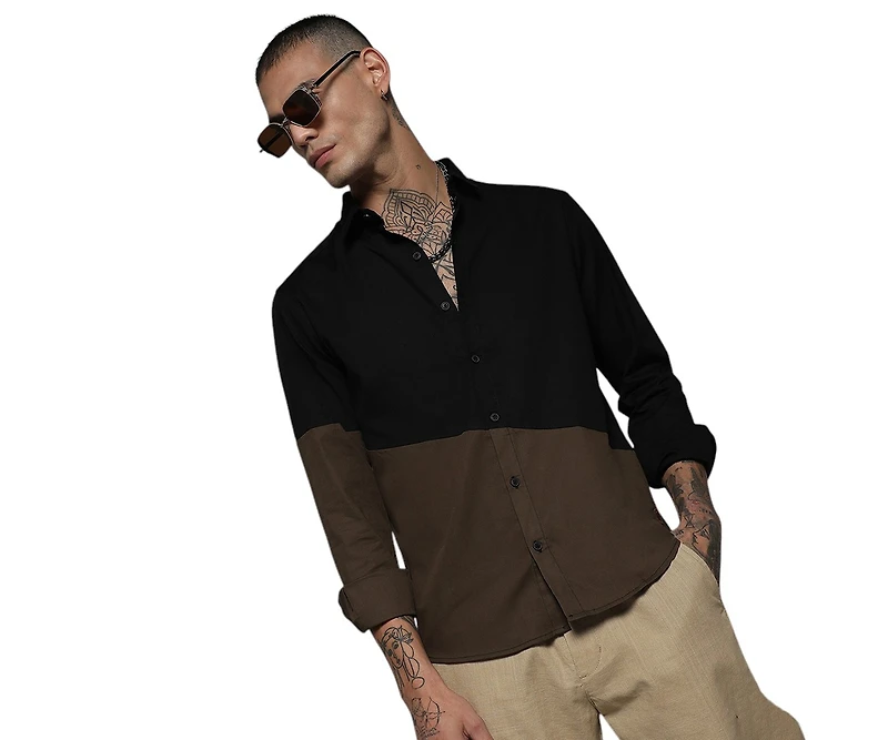 Campus Sutra Men's Black & Olive Green Contrast Panel Shirt