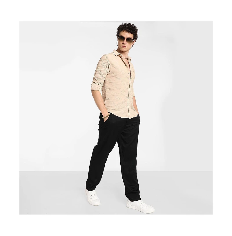 Campus Sutra Men's Saltbox Beige Self-Design Wave Shirt