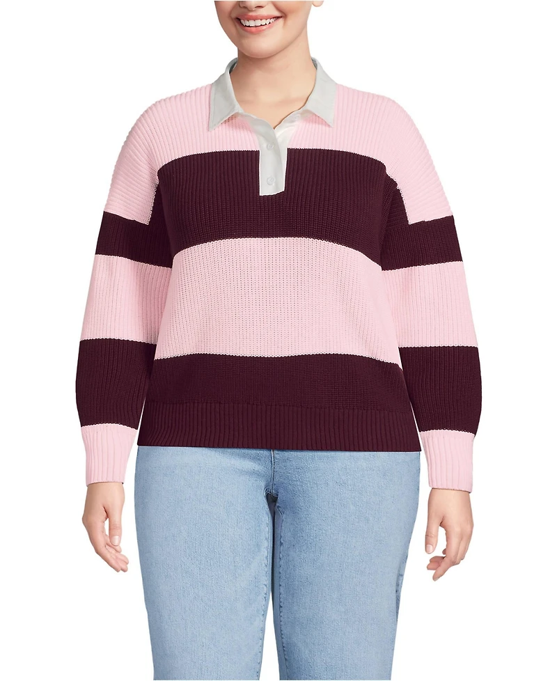 Lands' End Plus Drifter Rugby with Woven Collar Sweater