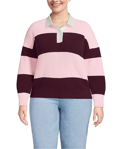 Lands' End Plus Drifter Rugby with Woven Collar Sweater