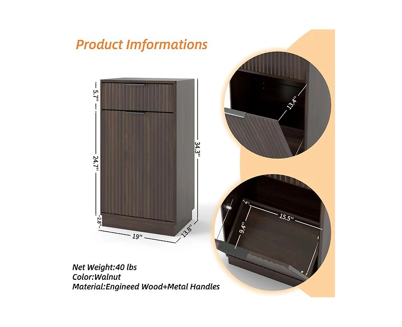Casainc 10-Gallon Woodgrain Tilt-Out Trash Can Cabinet with Wave-Textured Drawer & Pull-Out Bin