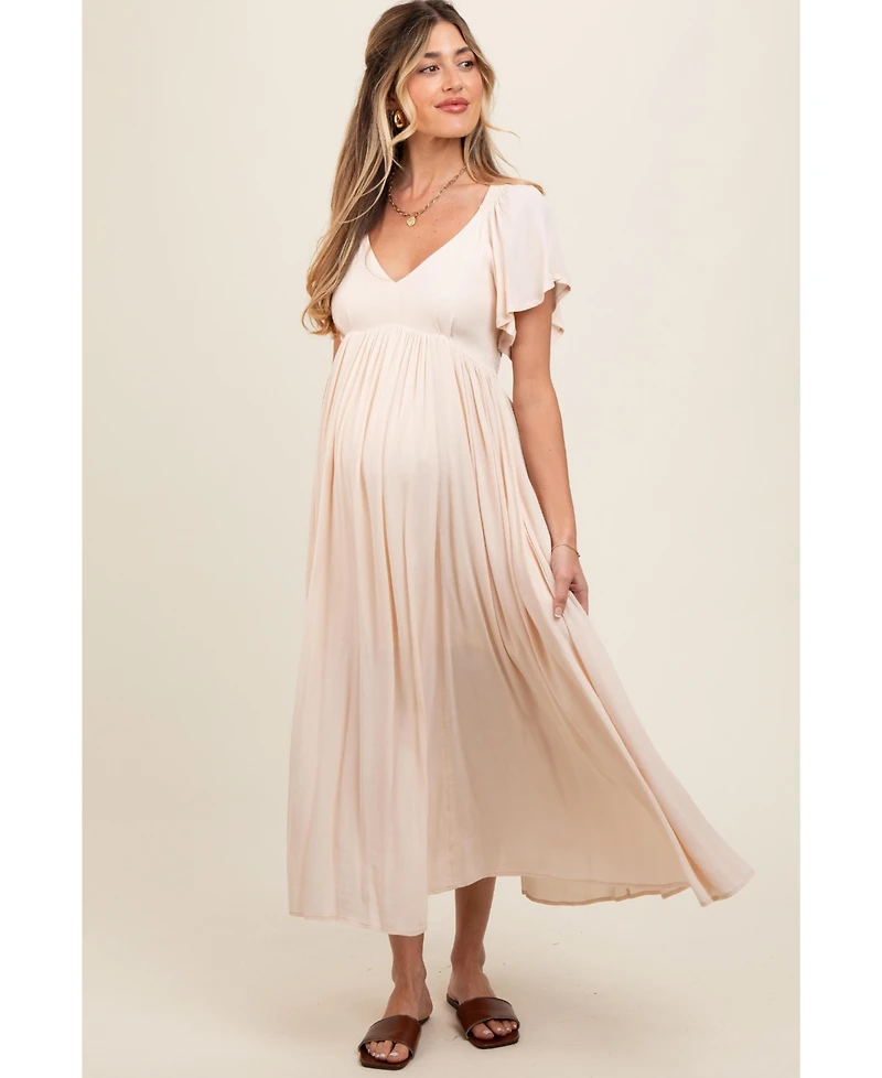 Pinkblush Maternity Cream V-Neck Flutter Short Sleeve Midi Dress