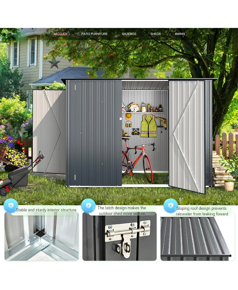 Aecojoy 7.5'x4' Outdoor Horizontal Bike Storage Shed with Triple Lockable Door