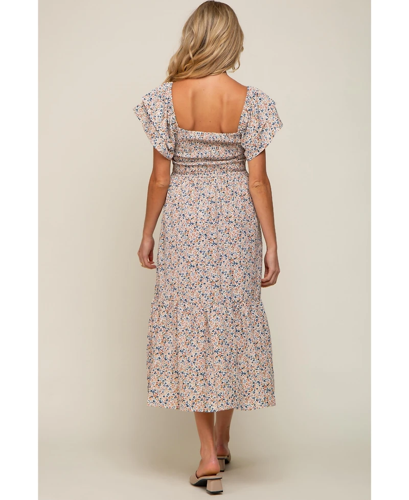 Cream Floral Flutter Maternity Midi Dress