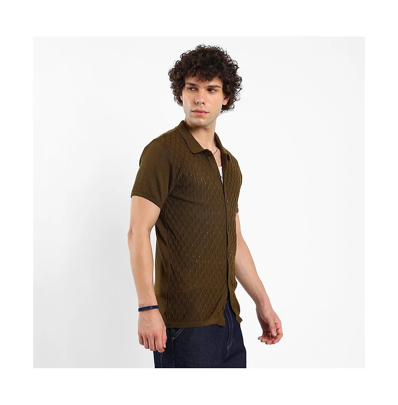 Campus Sutra Men's Mocha Brown Harlequin-Textured Knit Shirt
