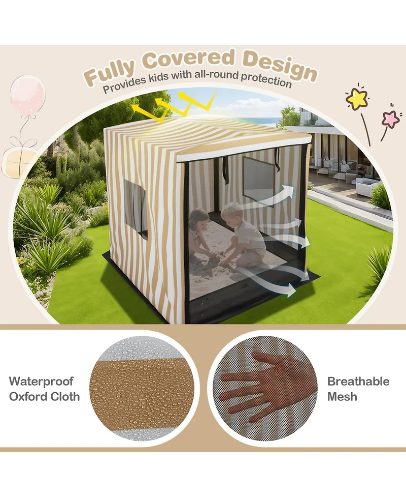 Kids Wooden Sandbox with Canopy Mesh Door Windows Bench Seats Foldable Storage Box