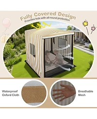 Kids Wooden Sandbox with Canopy Mesh Door Windows Bench Seats Foldable Storage Box