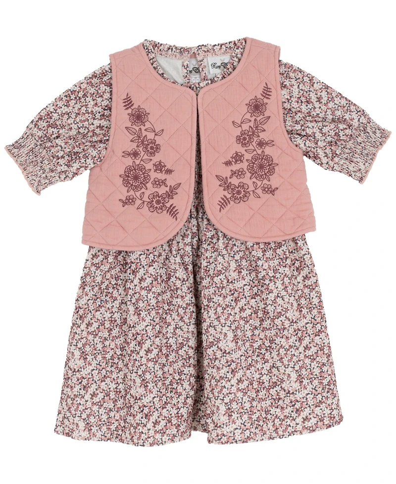 Rare Editions Little Girls Floral Corduroy Dress with Quilted Vest, 2 pc