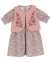 Rare Editions Little Girls Floral Corduroy Dress with Quilted Vest, 2 pc