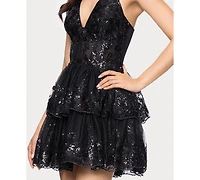 Blondie Nites Juniors' Sequin Ruffle Halter Neck Dress
