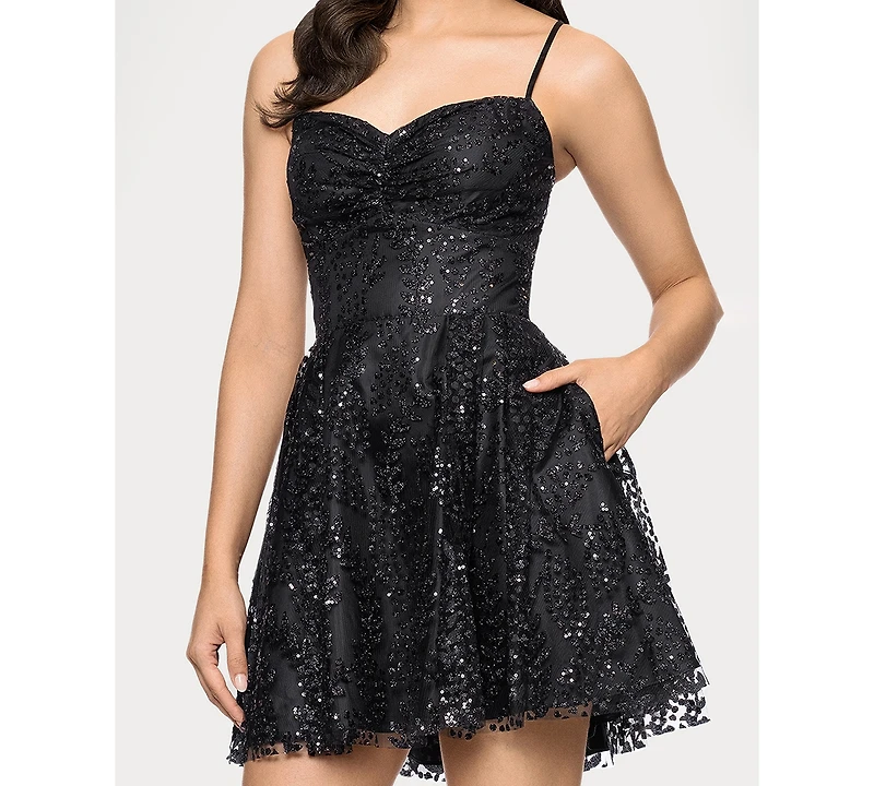 Blondie Nites Juniors' Sequined Lace-Up-Back A-Line Dress