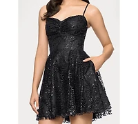 Blondie Nites Juniors' Sequined Lace-Up-Back A-Line Dress