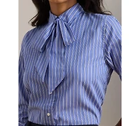 Lauren Ralph Women's Classic Fit Striped Tie-Neck Shirt